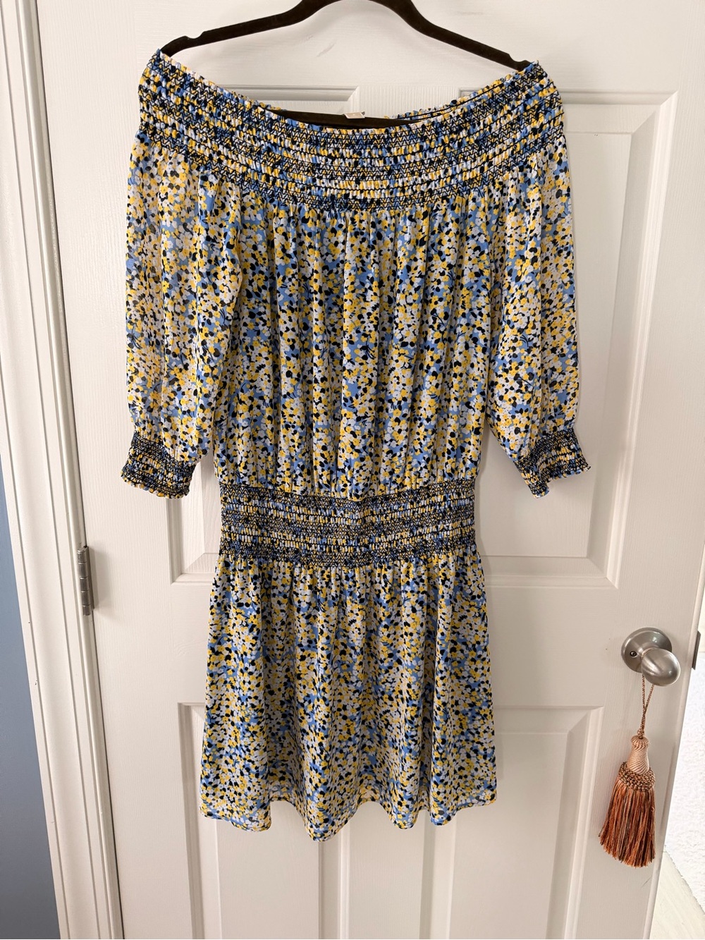 Michael Kors Yellow and Blue Floral Off-Shoulder Dress
